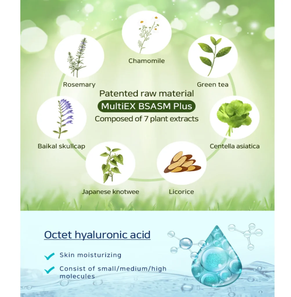 Illustration of MultiEX BSASM Plus made from 7 plant extracts and Octet Hyaluronic Acid with multi-layered skin moisturizing properties