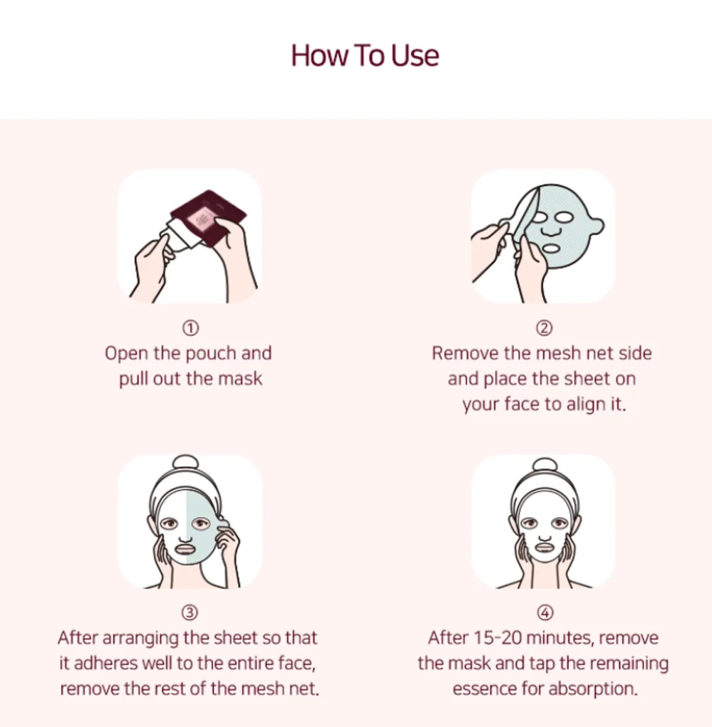 Step-by-step instructions for using the PLARECETA Collagen Mask Pack, from opening the pouch to applying and removing the bio-cellulose sheet