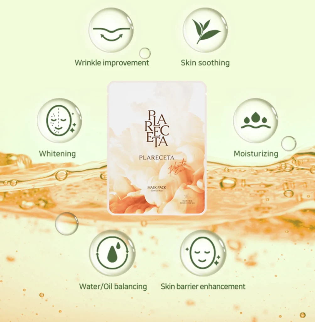 BONNY & J Plareceta Mask Pack infographic highlighting 7 skincare benefits – moisturizing, soothing, wrinkle improvement, whitening, water-oil balance, skin barrier support, and more