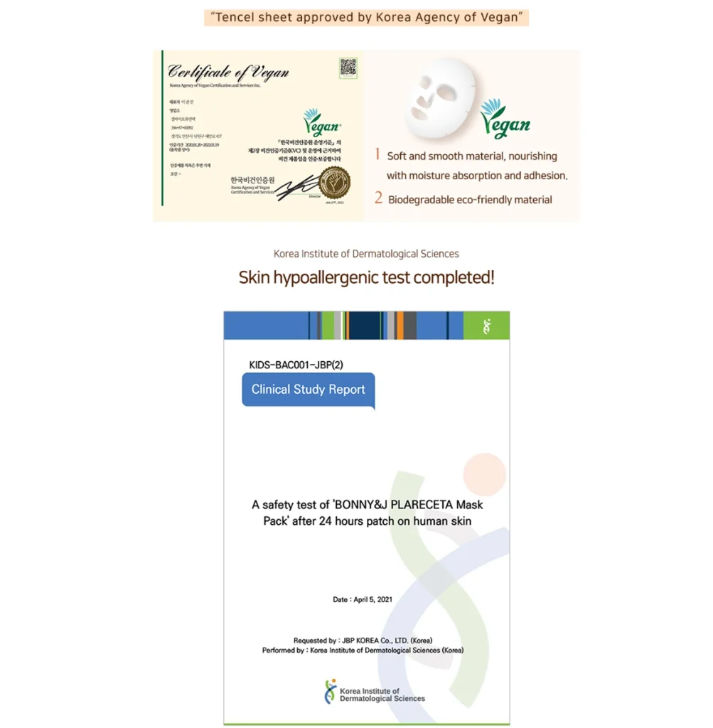 Vegan certification and hypoallergenic test results for BONNY & J Plareceta Mask Pack – clinically tested for skin safety and certified biodegradable Tencel sheet