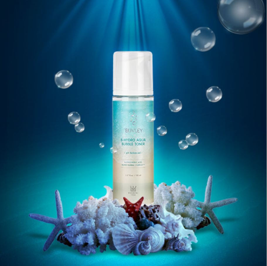 BUVLEY 8-Hydro Aqua Bubble Toner with marine complex and hyaluronic acid, surrounded by seashells and corals under the ocean light