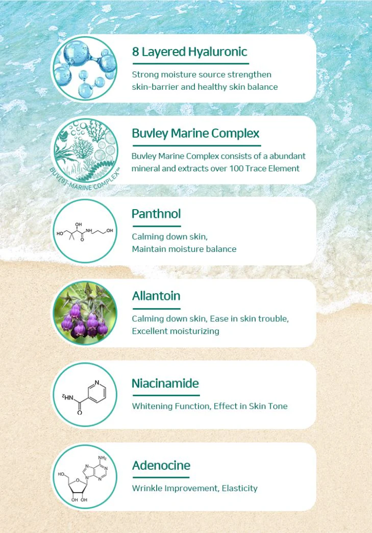 Buvley 8-Hydro Aqua Bubble Toner ingredients – hyaluronic acid, marine complex, panthenol, allantoin, niacinamide, and adenosine for hydration, soothing, brightening, and wrinkle care Buvley 8-Hydro Aqua Bubble Toner ingredients – hyaluronic acid, marine complex, panthenol, allantoin, niacinamide, and adenosine for hydration, soothing, brightening, and wrinkle care