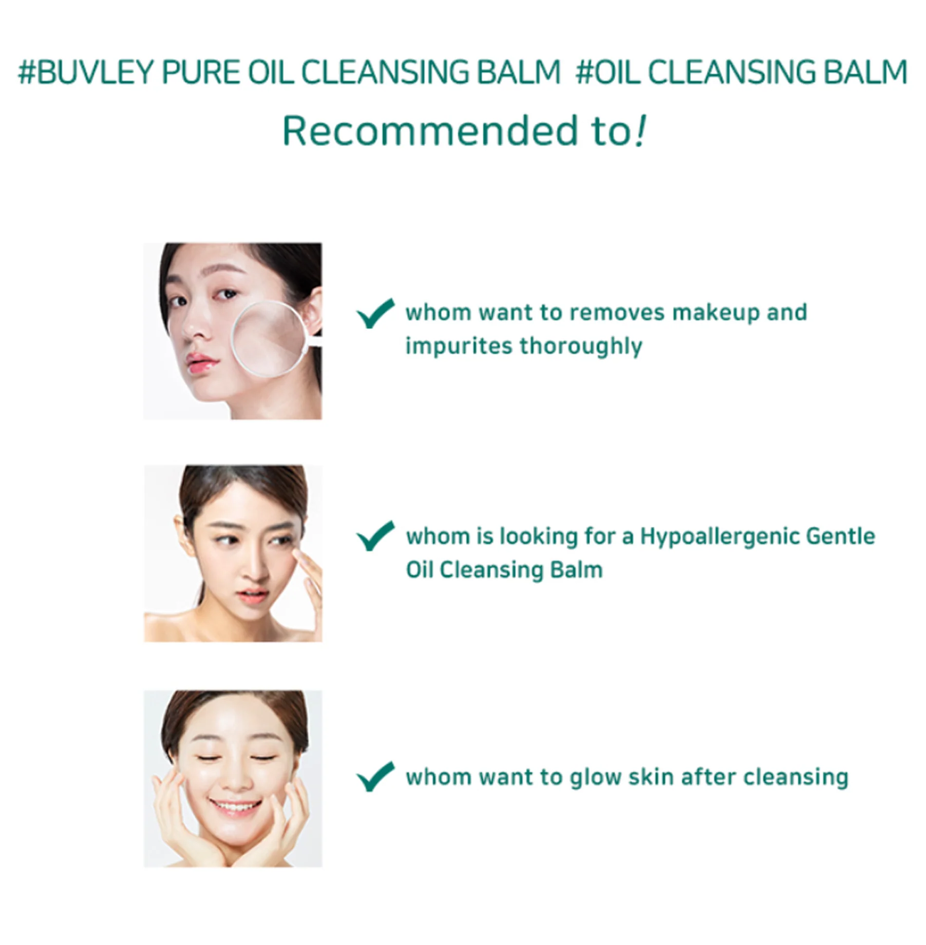 BUVLEY Pure Oil Cleansing Balm recommended for removing makeup, hypoallergenic gentle cleansing, and glowing skin after use