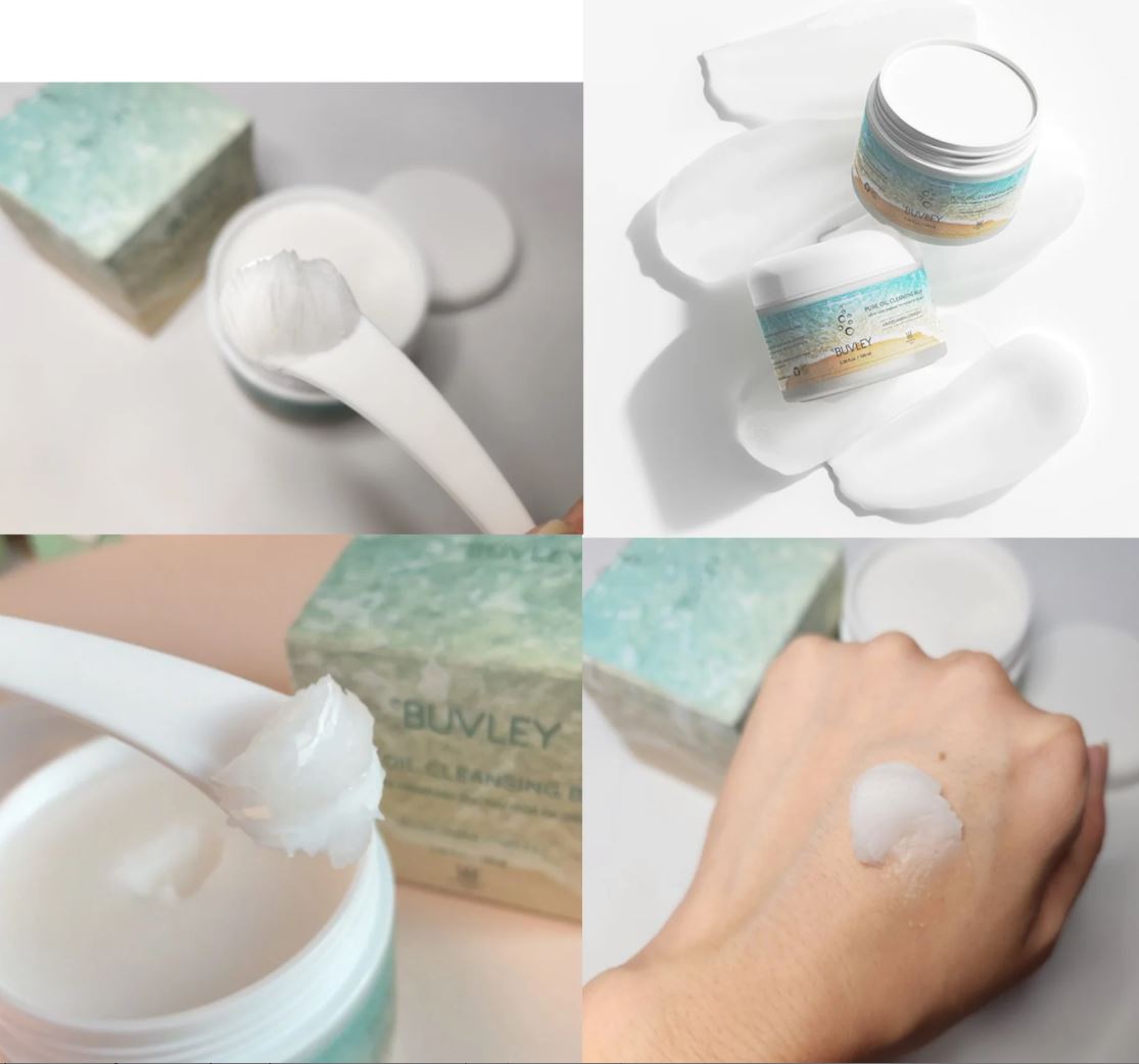 Close-up of BUVLEY Pure Oil Cleansing Balm texture, shown with spatula application and balm spread on hand and surface.