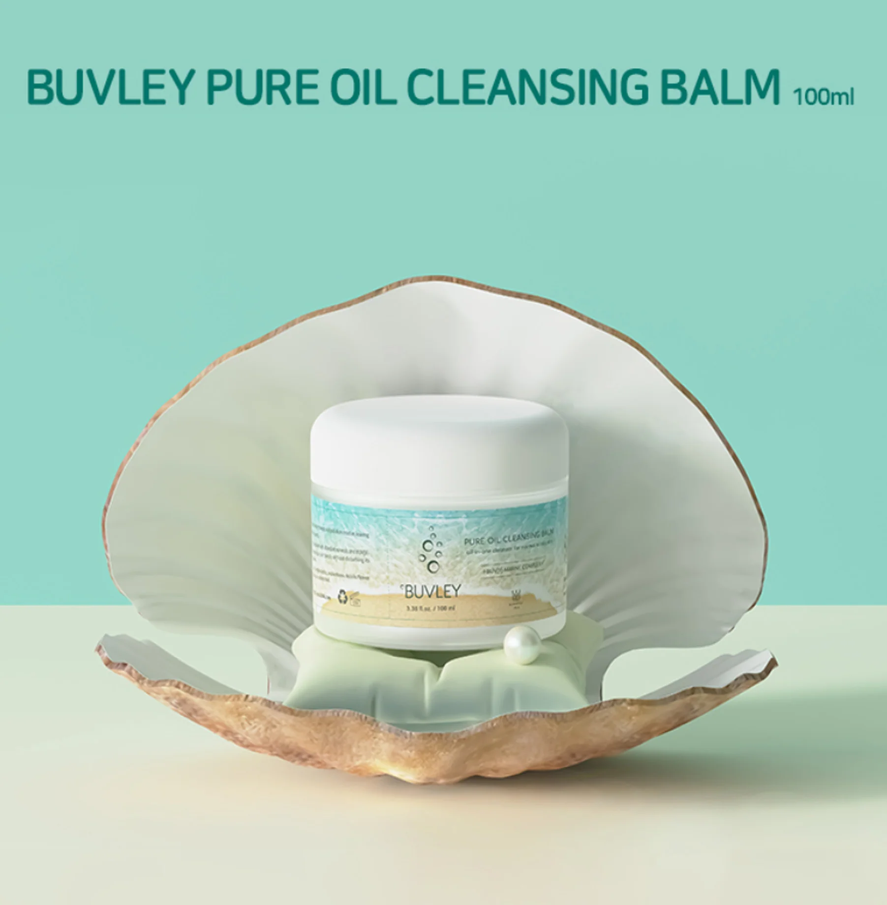 BUVLEY Pure Oil Cleansing Balm 100ml displayed inside an open seashell, highlighting its vegan and marine-based skincare formula.
