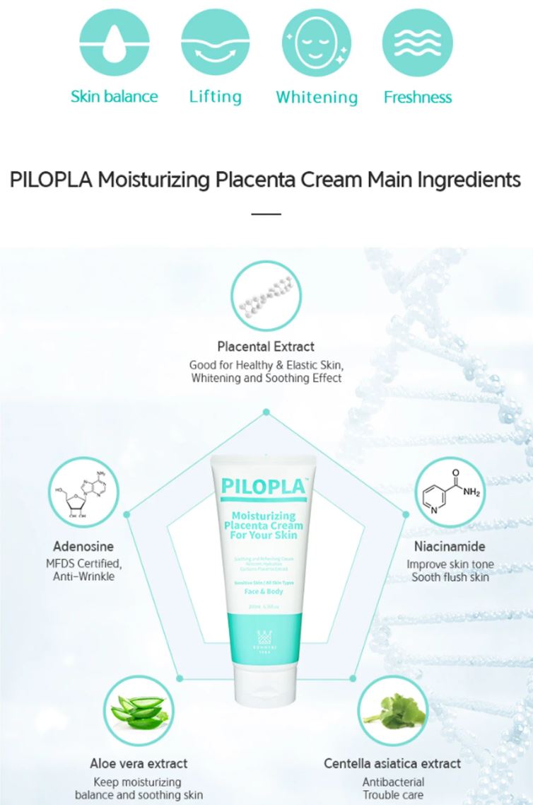 PILOPLA Moisturizing Placenta Cream with main ingredients including Placental Extract, Adenosine, Niacinamide, Aloe Vera Extract, and Centella Asiatica Extract for skin balance, lifting, whitening, and freshness