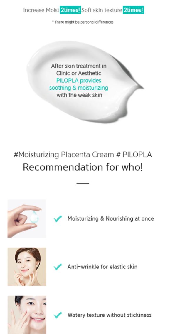 Recommendation guide for PILOPLA Moisturizing Placenta Cream showing benefits like moisturizing, nourishing, anti-wrinkle care, and watery texture