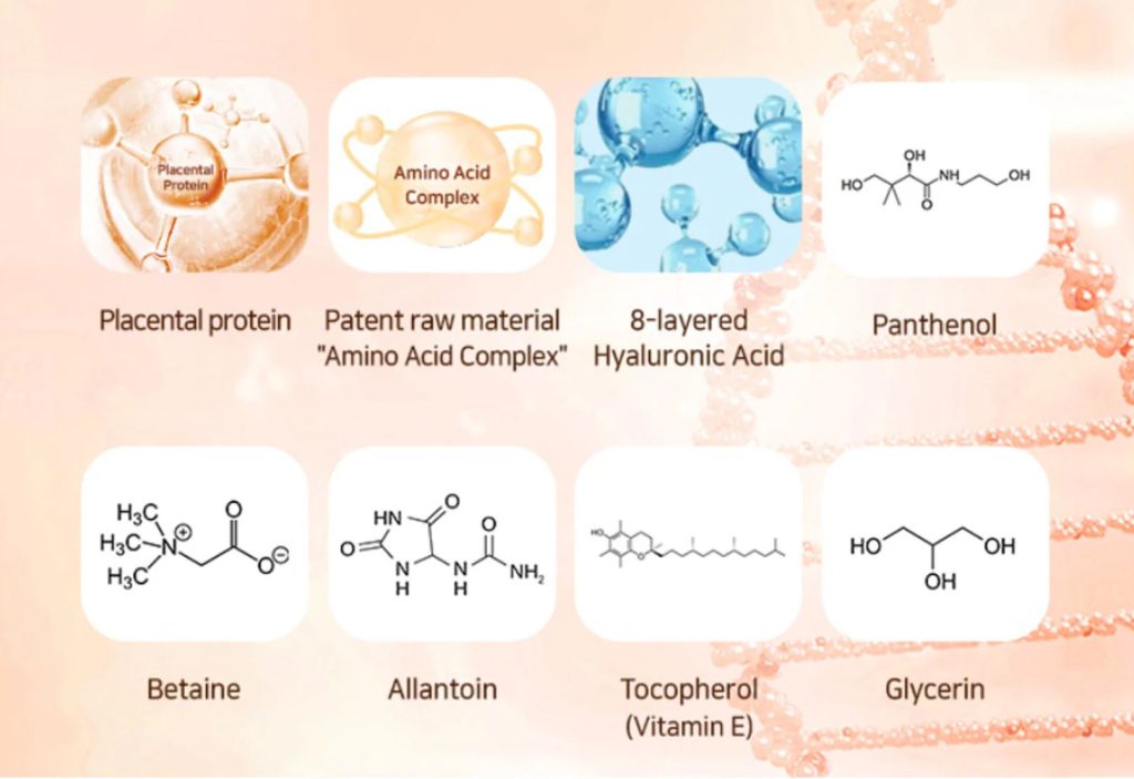 PLARECETA Ampoule key ingredients including Placental Protein, Amino Acid Complex, 8-layer Hyaluronic Acid, Panthenol, Betaine, Allantoin, Tocopherol (Vitamin E), and Glycerin. PLARECETA Ampoule key ingredients including Placental Protein, Amino Acid Complex, 8-layer Hyaluronic Acid, Panthenol, Betaine, Allantoin, Tocopherol (Vitamin E), and Glycerin.