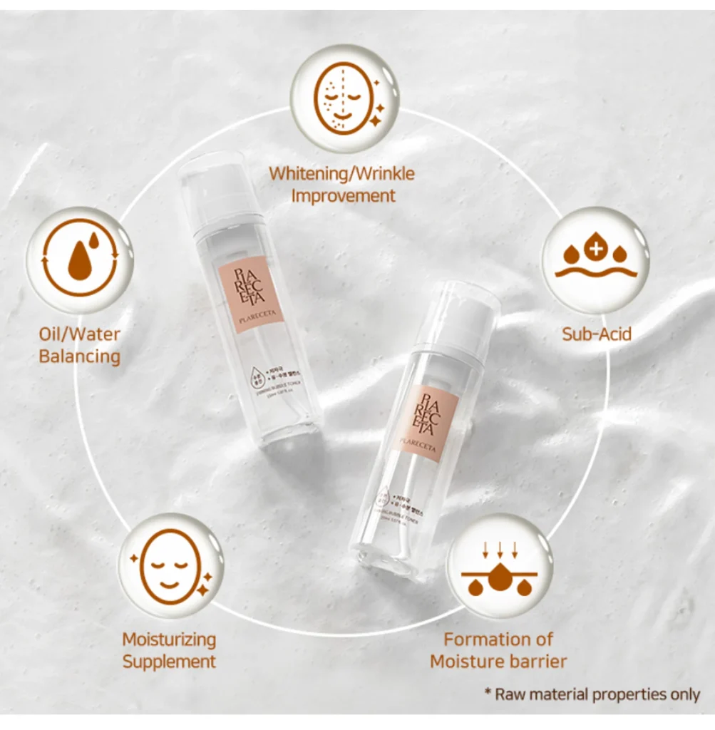 PLARECETA Firming Bubble Toner – Key benefits include whitening, wrinkle improvement, oil/water balancing, sub-acid formula, moisturizing supplement, and formation of moisture barrier PLARECETA Firming Bubble Toner – Key benefits include whitening, wrinkle improvement, oil/water balancing, sub-acid formula, moisturizing supplement, and formation of moisture barrier