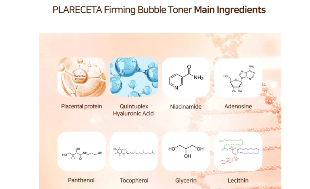 PLARECETA Firming Bubble Toner main ingredients – Placental protein, Quintuplex Hyaluronic Acid, Niacinamide, Adenosine, Panthenol, Tocopherol, Glycerin, Lecithin PLARECETA Firming Bubble Toner main ingredients – Placental protein, Quintuplex Hyaluronic Acid, Niacinamide, Adenosine, Panthenol, Tocopherol, Glycerin, Lecithin