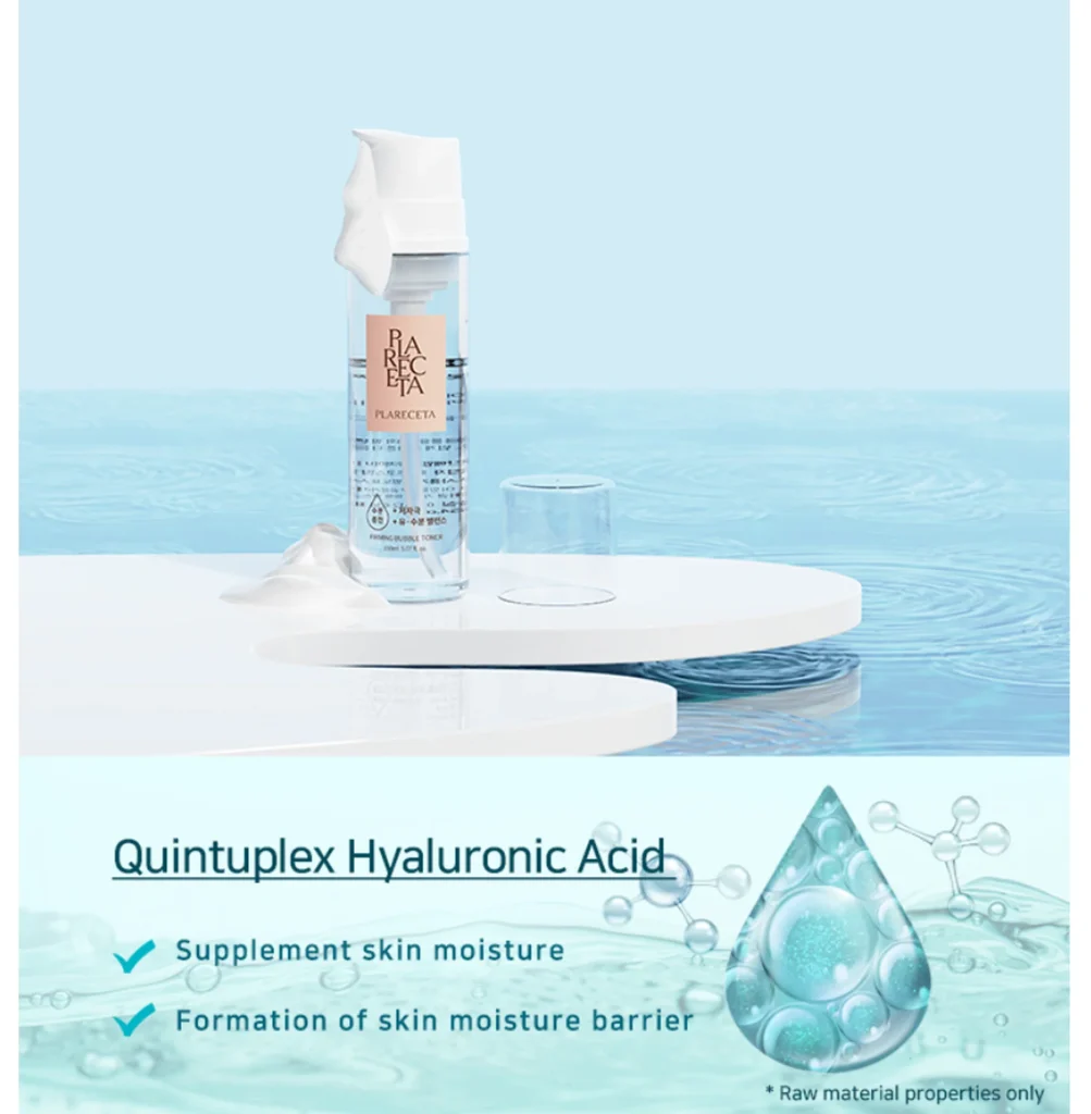 PLARECETA Firming Bubble Toner with Quintuplex Hyaluronic Acid for deep hydration and skin moisture barrier formation PLARECETA Firming Bubble Toner with Quintuplex Hyaluronic Acid for deep hydration and skin moisture barrier formation
