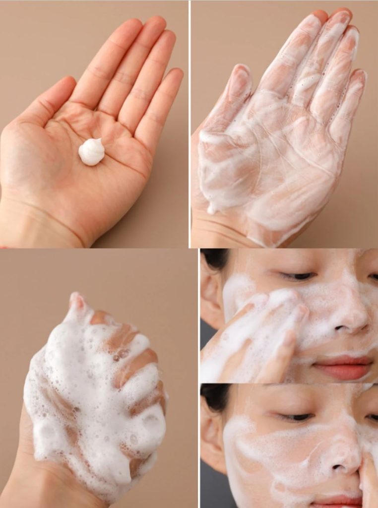Step-by-step usage of Plareceta Green Tea Foam Cleanser, showing texture, foaming, and application on the face.